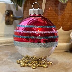 3" Radko Shiny Brite Glitter Striped Ornament Ball Red Pink Teal Blue Silver Mcm